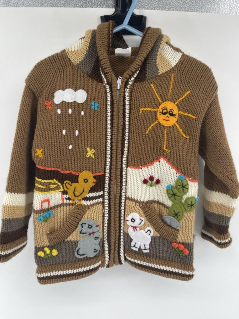 Native Creation Girls Hand Knit Sweater Animal Outdoor Embroidered Sz 4 Rare VTG